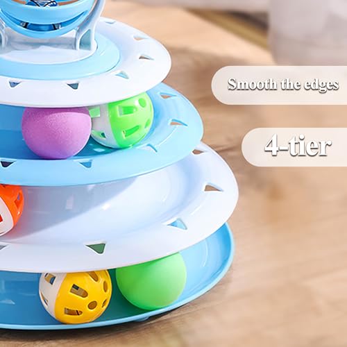 Vealind Cat Toy Roller 4-Level Turntable Cat Toys Balls with 14 Pcs Colorful Pom Pom Balls Interactive Fun Mental Physical Exercise Puzzle Kitten Toys (Blue) - color: Blue