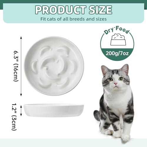 2 Pcs Ceramic Cat Slow Feeder Bowl Set, 6.3" Wide, Slow Eating 5X - color: White and Blue