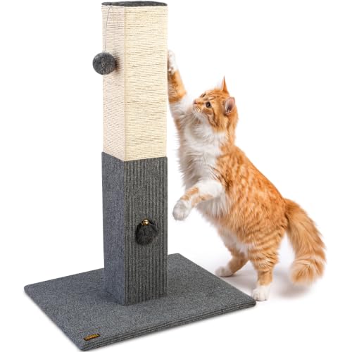 Pawbee 32" Cat Scratching Post with Jingle Bell and Softball, Sisal Rope Tower for Indoor Adults Large Cats, Gray & Beige - color: Gray & Beige