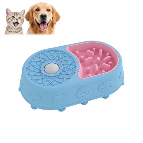 Slow Feeder Dog Bowl with Lick Mat, 2 in 1 Silicone Feeding Bowl - color: blue + pink