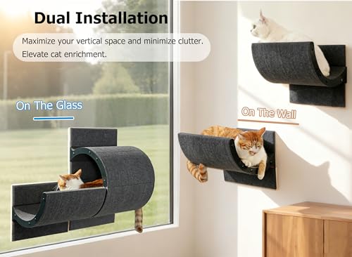 Cat Window Perch with Scratching Bed,Versatile Climbing Shelves Mounted by Strong Suction Cups, Solid Metal Frame and Anti-Slip Felt for Hide,Nap and Sunbath, Glass Protection Design(Grey) - color: Grey