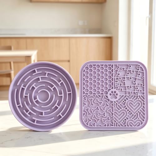 Dog Lick Mat for Anxiety Relief, Slow Feeder Bowl for Dogs & Cats, Silicone Lick Pad with Strong Suction Cups for Pet Grooming, Bath, Tooth Cleaning, Distraction and Calming, Purple - color: Purple+Purple