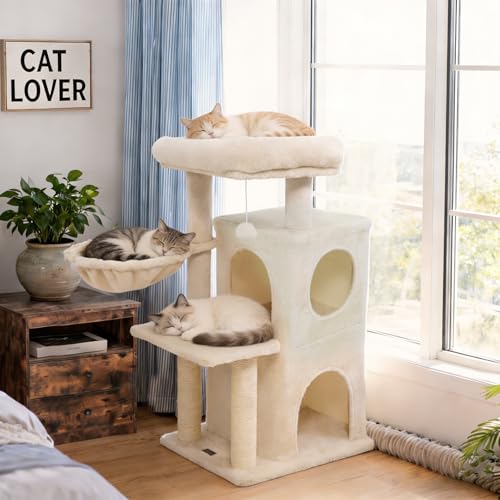 PETSITE Multi-Level Small Cat Tree, 33.5 Inches Tall with Sisal Scratching Posts, Double-Layer Condo, Side Basket, Dangling Ball and Upholstered Comfy Top Perch, Ideal for Indoor Cats (Beige) - color: Beige
