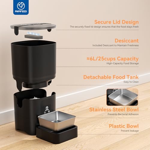 PAPIFEED Automatic Cat Feeder with App, 2.4G WiFi Cat Food Dispenser, 6L Timed Cat Feeder for Dry Food, 10 Meals/Day, 12 Portions/Meal, Dual Power Supply Smart Pet Feeder for Small Dog, Black - color: Yellow