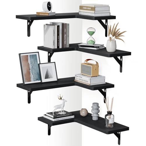 Amada Corner Floating Shelves, Paulownia Wood, Set of 4, Black - color: Black