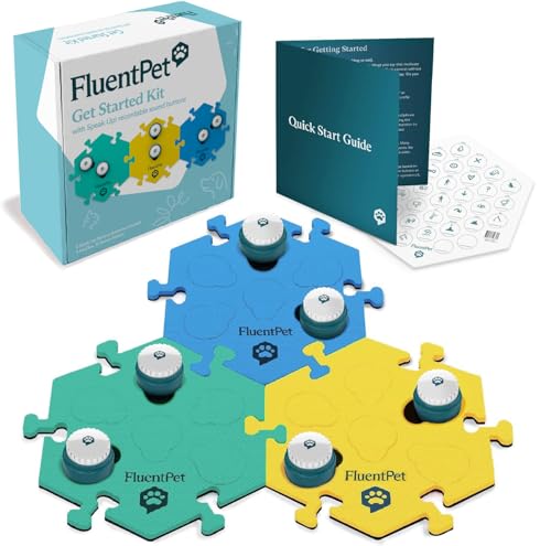 FluentPet Speak Up! Get Started Kit with Clearer Upward-Facing Sound | 6 Recordable Buttons w/Pre-Installed Batteries & 3 HexTile Button Mats | Training Dog & Cat Communication Buttons - color: 6 Buttons + 3 HexTiles (Bold)
