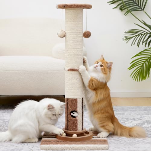 Woochpet Cat Scratching Post,Heavy Duty Green Sisal Scratcher with Cat Toys - color: Brown