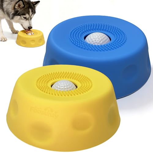 2PCS Slow Feeder Dog Bowl Lick Toy with Rolling Ball & Suction Cup - color: Blue+Yellow