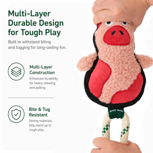Green Sheep Squeaky Plush Dog Toy, Interactive Rope Toy with Recycled Materials for Tug, Fetch and Play, Medium to Large Dogs, Chew Toy, Pig - color: Pig