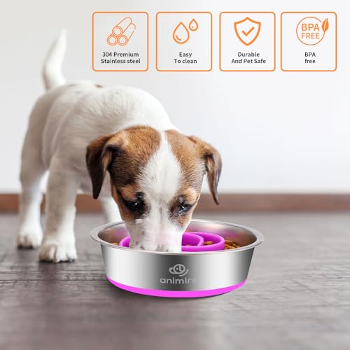 2-in-1 Metal Dog Bowl with Slow Feeder Insert, Stainless Steel Dog Bowls Food Grade 304, Water Food Bowl with Anti-Slip Silicone Base for Small, Medium, Large Dogs - color: Purple, size: 1 Cup