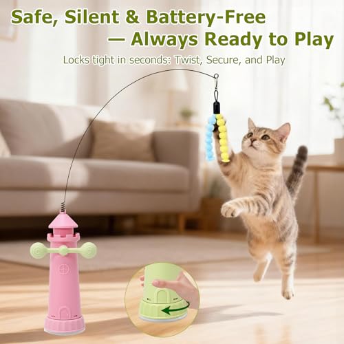 Interactive Cat Toys for Indoor Cats, Windmill Feather Cat Teaser Wand, Bouncy Kitten Toys with Strong Suction Cup Base for Bored Felines & Self-Played Enrichment Pink - color: Pink