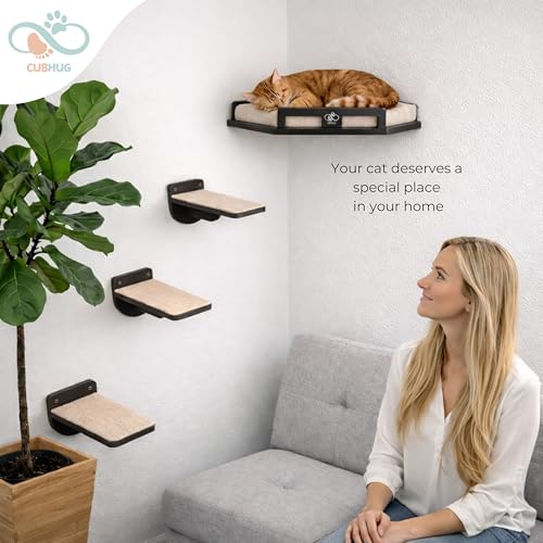 Cat Wall Shelves, Solid Wood Corner Bed, 3 Steps, Up to 25 lb, Black - color: Black