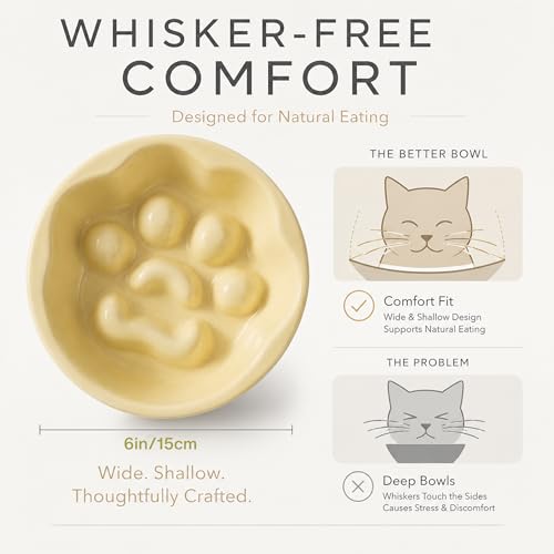 Ceramic Slow Feeder Cat Bowl, Elevated Tilted Design, Yellow - color: yellow