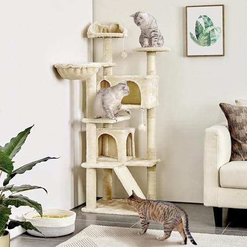 Topeakmart 57 inches Multi-Level Cat Tree Cat Condo with Scratching Posts Kittens Activity Tower Pet Play House Furniture - color: Beige