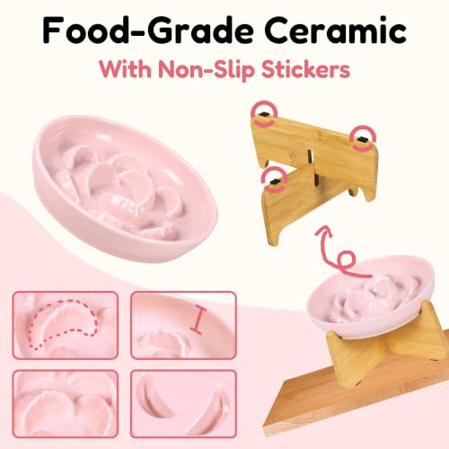 Elevated Slow Feeder Cat Bowl with Bamboo Stand, 6.3'' Ceramic Cat Food Bowl, Raised Whisker Friendly Cat Dish for Wet & Dry Food, Dishwasher Safe Anti-Slip Feeder for Cats & Small Dogs (Pink) - color: Pink with Stand