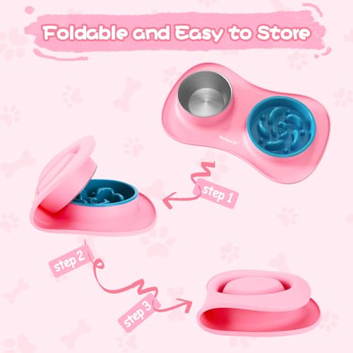 MateeyLife Dog Food and Water Bowl Set 3 in 1, Slow Feeder Dog Bowls & Stainless Steel Water Bowl with Non-Spill Silicone Mat, Cat and Puppy Bowls Pet Dishes for Small Medium Large Breed Anti-Choking - color: Pink, size: Small