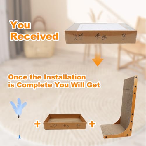Goosheep 22in L-Shaped Cat Scratcher 2-in1 Scratching Board for Indoor Cats Protecting Furniture Cardboard Box Scratch Pad, Scratching Posts with Feathered Toy - color: 1pk 22in L-Shape Cat Scratcher with Box