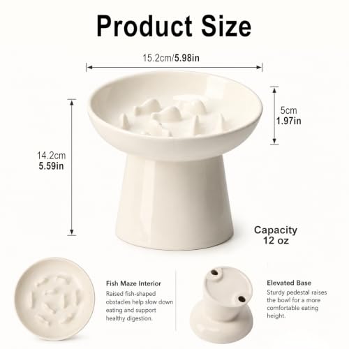 Ceramic Slow Feeder Cat Bowl, 6 Inch Elevated Cat Slow Feeder Bowl - color: White
