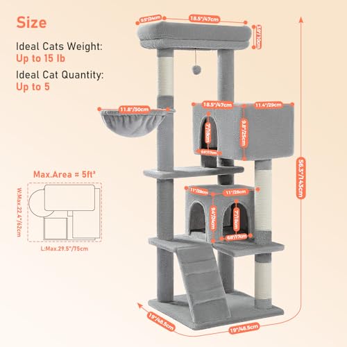 Cat Tree for Indoor Cats, 56.3" Multi-Level Cat Tower with 2 Condos - color: Grey, size: 56 Inches