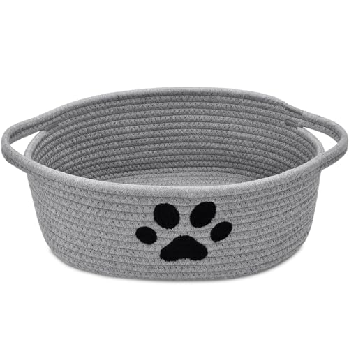 Small Woven Dog Toy Basket with Handle, Cute Paw - color: Grey