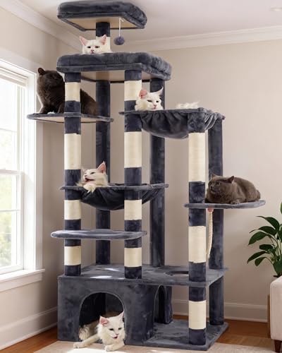Heybly Cat Tree, 71-Inch Tall Cat Tower for Large Maine Coon Cats HCT037G - color: Smoky Gray, size: XL