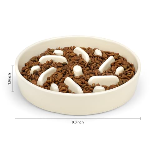 Ceramic Slow Feeder Dog Bowl, 2 Cups Maze Puzzle Dish to Slow Down Eating - color: Maze - White