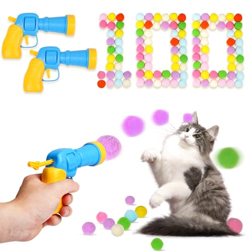 TEAWOO 100Pcs Cat Toys Pom Pom Balls with 2 Launcher Set - size: 2 launchers & 100 balls