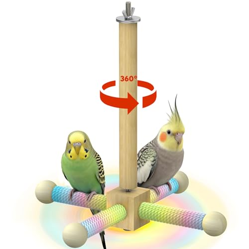Pawfly Natural Wood Spinning Bird Standing Perch, 360 Degree Rotatable Chew Play Toy, Interactive Cage Accessory for Parakeets Cockatiels