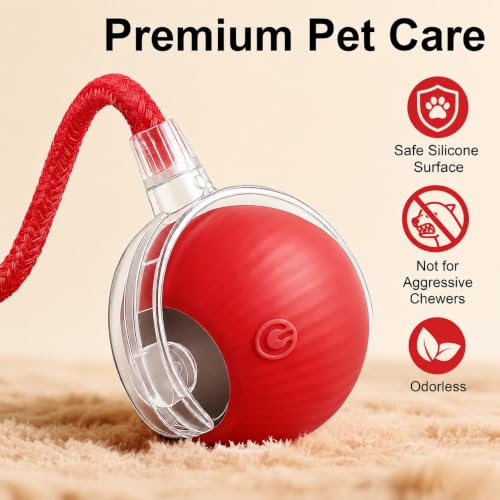 2-Pack Smart Interactive Automatic Electric Rolling Moving Rechargeable Motion Activated Self Play Stimulation Chase Teaser Ball Toy with Rope for Indoor Bored Adult Cat and Dog, Red+Red - color: Red+Red