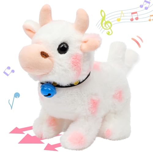 Hopearl Walking Cow Interactive Electronic Pet Plush Diary Cattle Toy with Sounds and Movements MOO Nodding Head Wag Tail Animated Gifts for Toddlers Birthday, Pink, 7'' - style: Cow-Pink