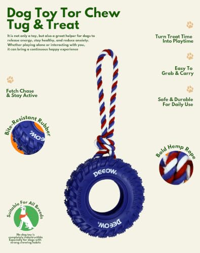 Deeow Tether Dog Tire Chew Toy for Teething & Treat Dispensing-Blue 6.3'' - size: With Rope