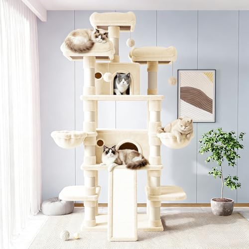 Allewie 82 Inches Large Cat Tree/House/XXL Tall Cat Towers for Big Feline/Scratching Post/Multi-Level Large Kitty Climbing Tree with Condo/Beige - color: Beige, size: 82 in
