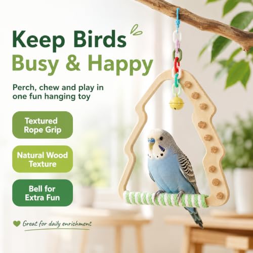 Wooden Parrot Swing Toy, Christmas Tree Shape Bird Perch with Cork Nibbles, Bell, for Budgies, Cockatiels, Conures