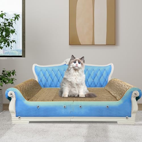Luxury Cardboard Cat Scratcher Sofa Bed, Couch Shaped Scratching Board, Scratch Lounge with Catnip Toy, Cat Scratcher for Indoor Cats Large Blue 25.4"x12" - color: Blue Sofa