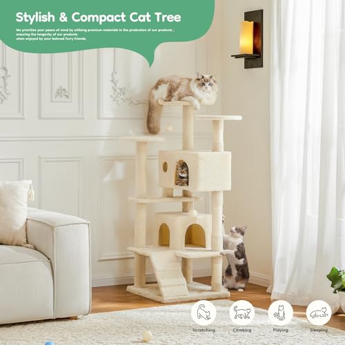 DUMOS 54-inch Cat Tree Tower with Scratching Posts, Indoor Use - color: Beige, size: 54 Inch