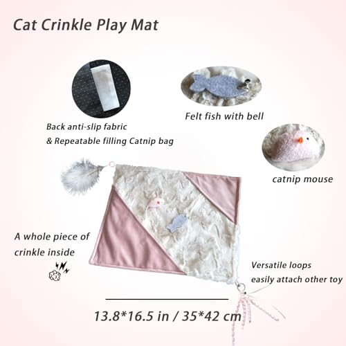 Cat Crinkle Play Mat with Catnip Interactive Cats Activity Mat for Indoor - color: Pink