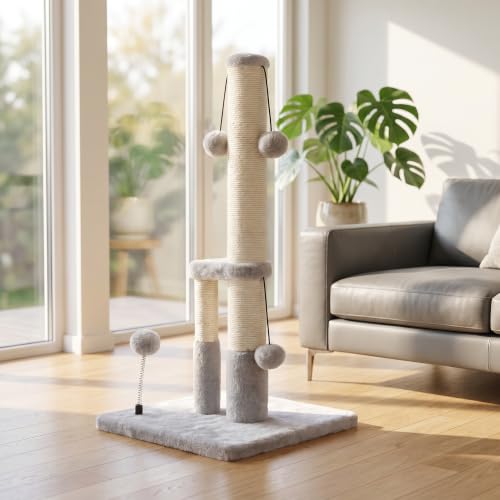 Dimaka Tall Cat Scratching Post, Double Lower Posts Extra Stable Cat Post Tree Scratcher with Sisal Rope and Teasing 4 Balls Total Large Base (Grey) - color: Grey