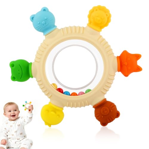 Baby Teething Rings Toys for 0-6 6-12 Months Animal Rattle Teether Toy