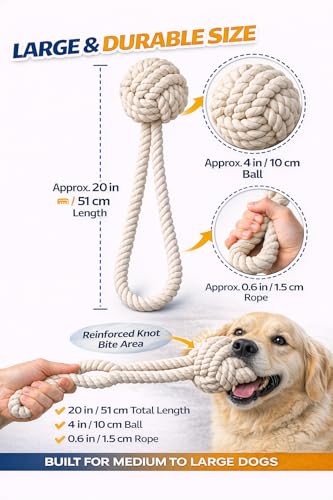Dog Rope Toy with Ball, 20-Inch Overall Length with 4-Inch Rope Ball for Medium and Large Dogs, Strong and Durable Washable Cotton Tug Toy for Indoor and Outdoor Play, Tug-of-War and Fetch, White