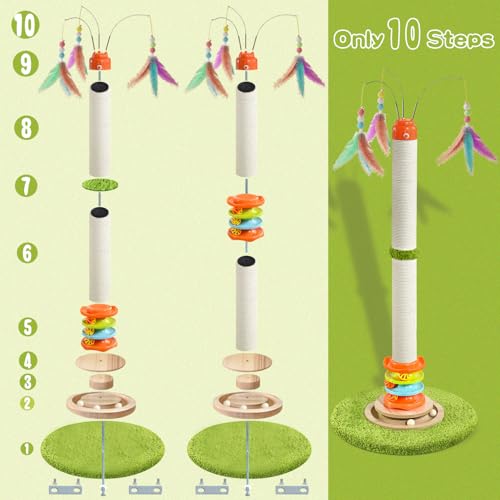 YARUOMY Tall Cat Scratching Post，40'' Cat Scratcher Tree Cat Toys for Indoor Cats with Cat Toys 4-Tier Roller Track，Automatically Rotating cat Teaser Wand，Hanging Balls for Kittens Adults Cats