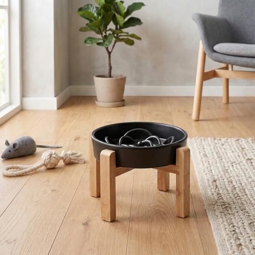 Elevated Ceramic Slow Feeder Dog Bowls Anti-Choking Slow Feeding for Medium& Large Anti-Slip Non-Lead & Toxic Durable Easy to Clean Maze Slow Feeder Bowl（8.66in Black Flower Pattern） - color: Black Flower Pattern, size: 3.6Cup