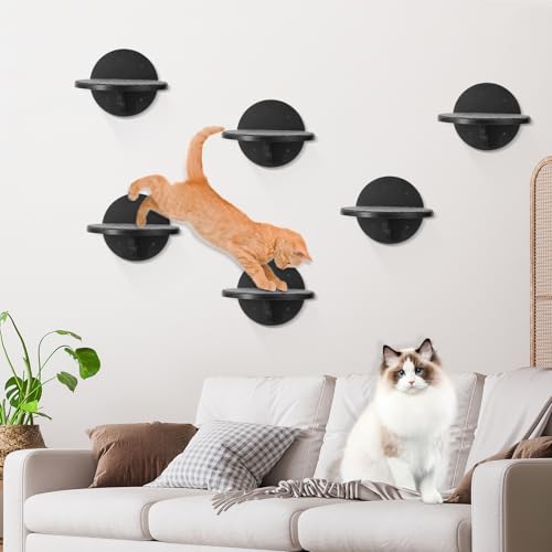 Cat Wall Shelves Furniture Set of 6, Wooden Cat Steps for with Scratching Pad, Sturdy Floating Climber Ladder Stairs, Cats Climbing Wall Systems for Cats Sleep Climb Play - color: black