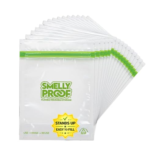 Smelly Proof 15 x Expandable Stand & Fill REUSABLE Storage Bags for Food Designed & Mfg in US, BPA FREE, NO PEVA, Reusable Sandwich Bags, Dishwasher-Safe, Clear 3 mils STAND UP 6.5" x 7.5" - 15pk - size: 15pk, Med 6.5x7.5" - Sandwich