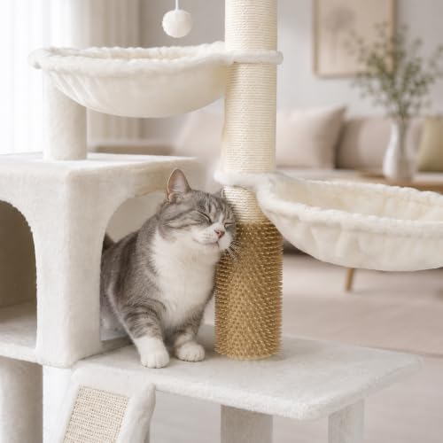 Smouatou Cat Tree with Cat Condo and Two Hammocks, Cat Tower with Scratching Posts and Scratching Pads Cat Toys, Beige - color: Beige2, size: Small
