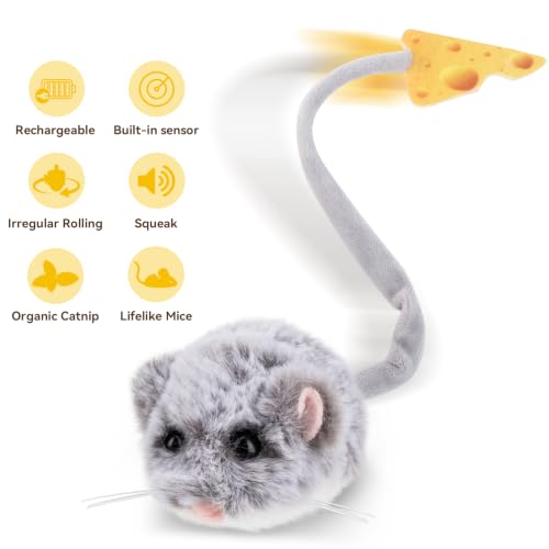 Migipaws Interactive MigiMouse Cat Toy 360° Rolling & Spin with Wiggling Tail for Indoor Cats Smart Motion Sensor, Realistic Squeak, Rechargeable Plush Kitten Toy(Grey Long)