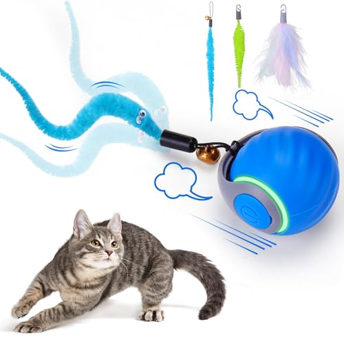 Interactive Cat Toy Ball - Motion-Activated, USB Rechargeable Cat Toys for Indoor Cats with Anti-Scratch Cover & 2 Changeable Tails - Enrichment Toy for Active Cats & Kittens - color: 02 Blue