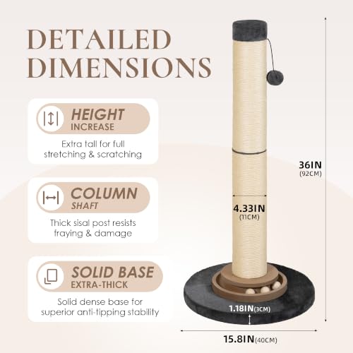 Heavy Duty Cat Scratching Post, 35 Inch Tall Cat Scratcher Cat Tree Tower with Hanging Ball for Indoor Cats Adults,Sisal Scratching Post with Toys