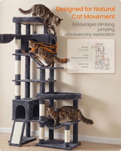 Feandrea Large Cat Tree, 79.5" Tall Sturdy Cat Tower for Indoor, Dark Gray - color: Dark Gray, size: 41.3"L x 17.7"W x 79.5"H