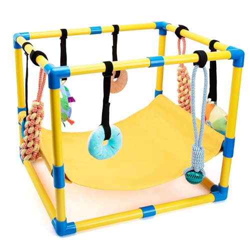 Puppy Play Gym with 8 Hanging Toys, Indoor Puppy Jungle Gym with Interactive Dog Enrichment Toys.PVC Frame with Small Dogs Hammock Enrichment Activity Center