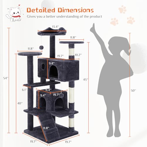 54 Inches Cat Tree Tower, Cat Tree Tower Condo with Scratching Post for Cats House Play, Multi-Level Furniture Activity Center for Pet, Detachable Cat Tower, Dark Gray - color: Navy